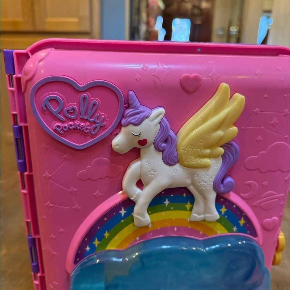 Mattel Pink Polly Pocket Unicorn Party Rolling Case Resort with Purple Handle